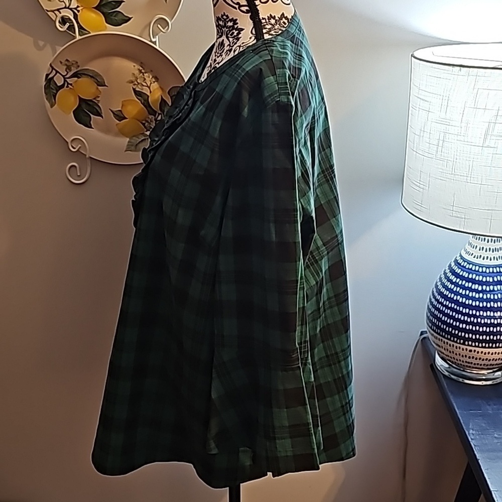 Draper James sz XXL Ruffle Placket Tunic green Blackwatch Plaid shirt WT102 - Picture 4 of 7